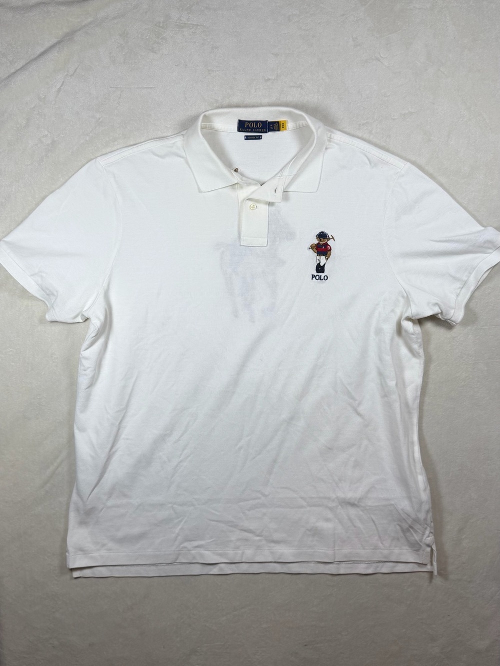 RARE Polo Ralph Lauren XL Polo Bear White Polo Shirt with Embroidered Rugby Bear